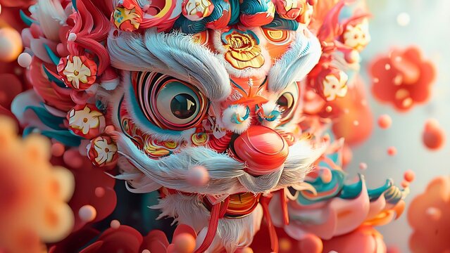 A close-up view of an ornate, colorful lion dance head, radiating festivity and cultural richness.