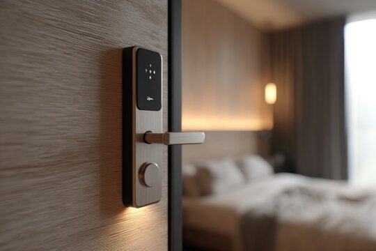 Smart door lock system, digital keypad, fingerprint scanner, keyhole on brown door. Modern house security, technology, wireless access, smart home automation. Electronic code control, protection.