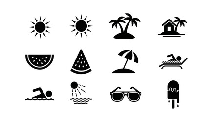 Summer Vacation Icons Sun, Beach, Swimming, and Refreshments