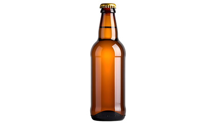 Amber glass bottle, capped, centered on black background, casting light on its surface