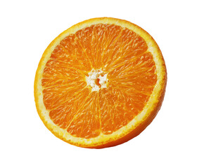 High-angle close-up of a juicy orange slice.  Bright, vibrant orange hue.  Distinct segments radiate from the center.  Circular shape, perfectly cut