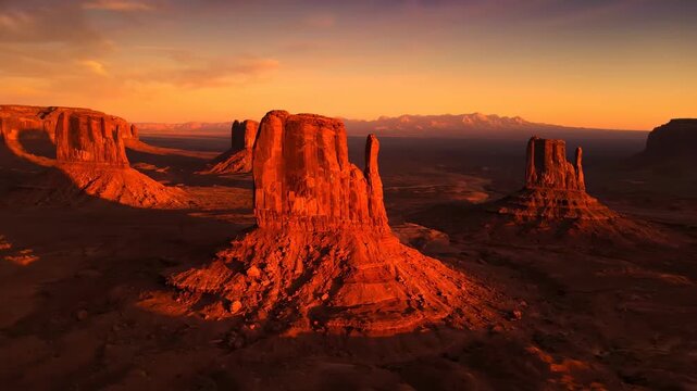 Slow aerial pan reveals ancient desert rock formations glowing with fiery orange and red hues during the golden hour sunset background, wilderness, texture