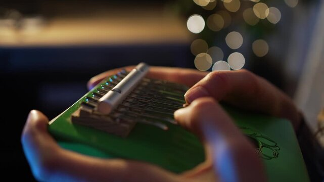 Female musician plays a green kalimba with metallic tines, creating a soothing melody against a blurred background of festive christmas lights