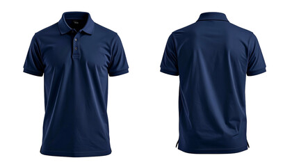 Front and back views of a dark blue, short-sleeved polo shirt on a black background