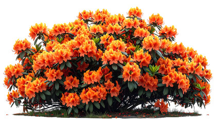 Dense, vibrant orange rhododendron bush in full bloom, lush green foliage, isolated