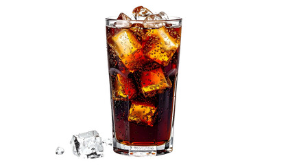 Tall glass filled with a dark brown, fizzy drink and ice cubes, isolated on black