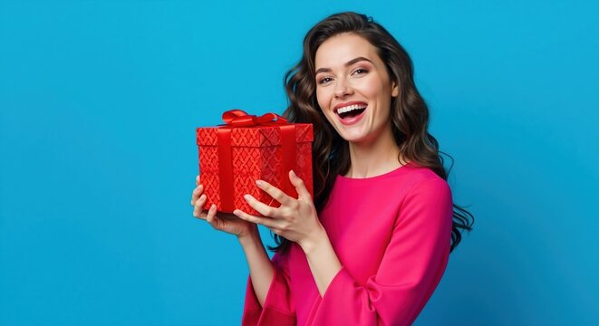 Happy smiling woman holding a red christmas gift box. Excited young female with a present on a blue background with copy space - Powered by Adobe