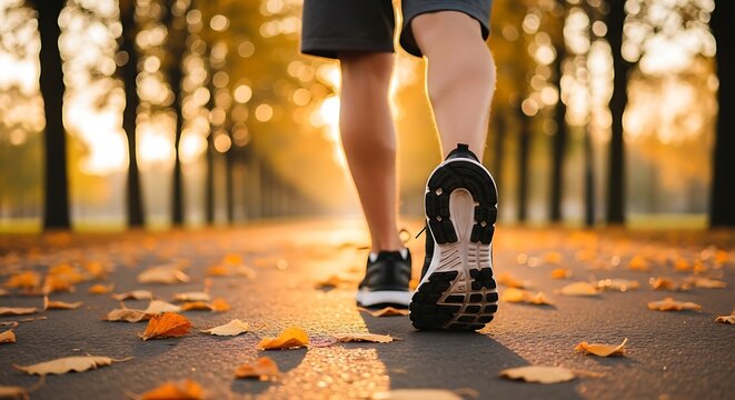 Invigorating autumn walk with athletic shoes through golden park foliage for health and wellness ads or fitness blogs, promoting an active lifestyle - Powered by Adobe