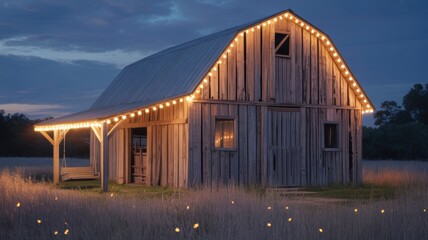 Fototapeta premium Weathered rustic barn with string lights at dusk in a field