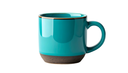 A glossy turquoise mug with a brown base and handle, sitting on a black background