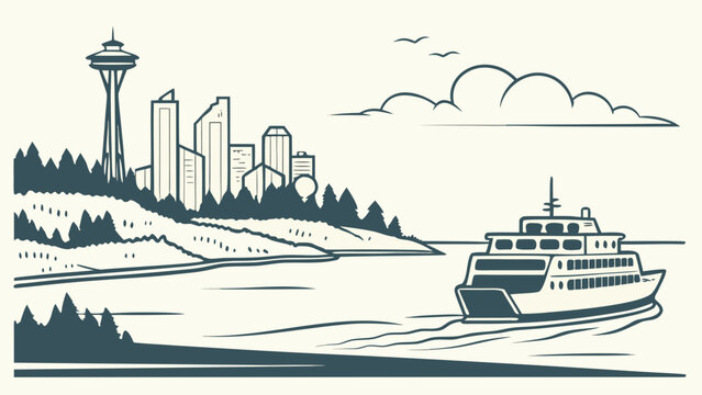Minimal vector of Bainbridge Island ferry and skyline view
