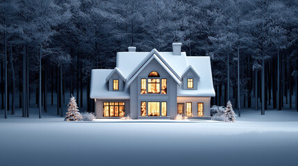 Warm holiday glow of a snow-covered house in winter wonderland cozy atmosphere evening view