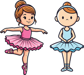 Cartoon ballerina girls in pink and blue tutu, ballet dance pose, emotional contrast, cute character design for children, performing arts illustration