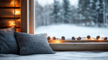 Christmas cabin retreat winter wonderland warmth of holiday lights cozy interior peaceful view enchanting atmosphere