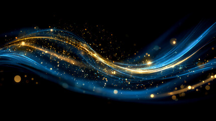 An elegant stream of glowing blue and golden energy waves across a dark space creating a trail of shimmering light particles