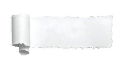 A piece of white paper, torn with a rolled-up end, isolated on a black background