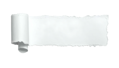 A piece of white paper, torn with a rolled-up end, isolated on a black background