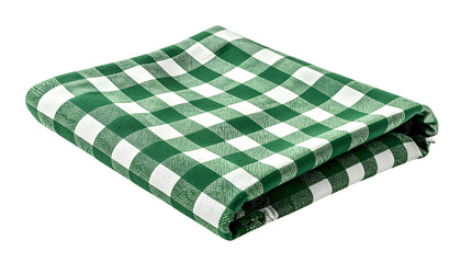 Folded square cloth in a green and white checkered pattern, shot against a black background