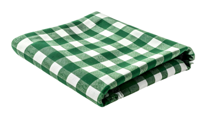 Folded square cloth in a green and white checkered pattern, shot against a black background