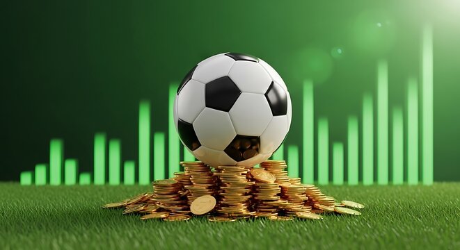Exciting soccer ball resting on gold coins with rising graph in background, representing sports investment and financial growth potential, modern