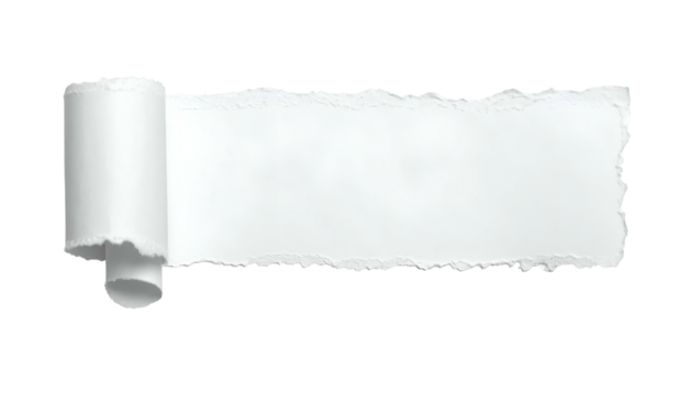 A piece of white paper, torn with a rolled-up end, isolated on a black background - Powered by Adobe