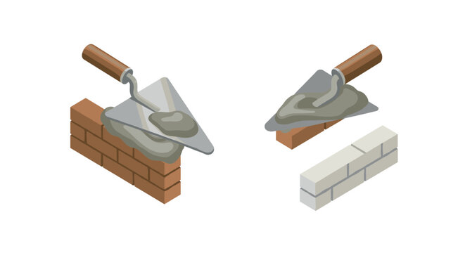 Isometric bricklaying tools with mortar and bricks