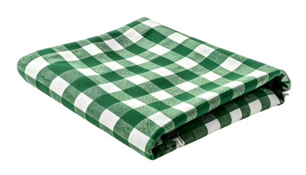 Folded square cloth in a green and white checkered pattern, shot against a black background