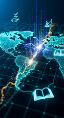 Digital representation of global connectivity and growth, with glowing lines connecting continents and icons symbolizing education and development.