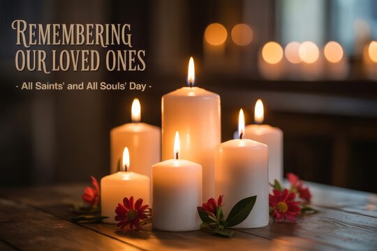 Remembrance candles and flowers on wooden table for All Souls Day