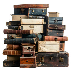 A towering stack of aged books, boxes, and vintage luggage, evoking a sense of history