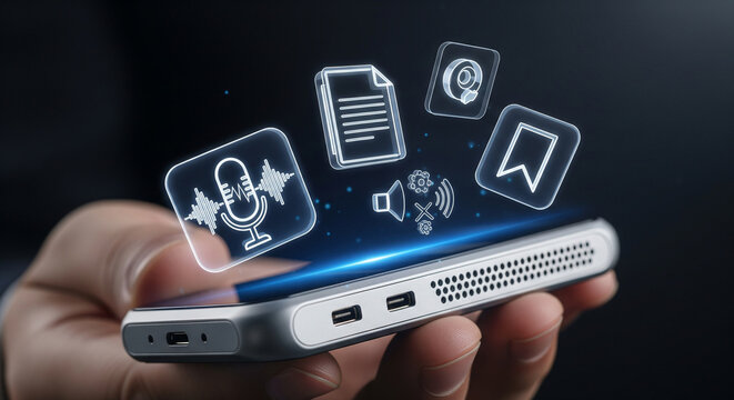 A hand holds a smartphone displaying glowing neon icons for voice recording, document, megaphone, brain, and bookmark, representing various mobile application functions and digital content management