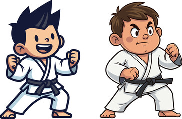 Cartoon martial arts fighters in white gi with black belt, fighting stance, expressive character design, discipline, training, vector illustration for kids