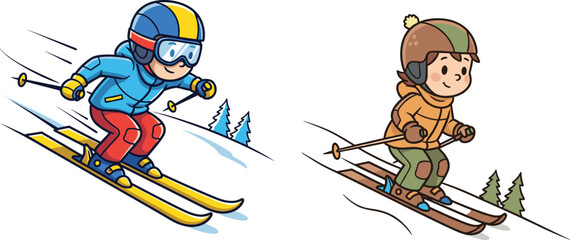 Cartoon skiers racing downhill on snowy slopes, wearing colorful winter gear, vector illustration for sports, outdoor activity, speed, motion, snow themes