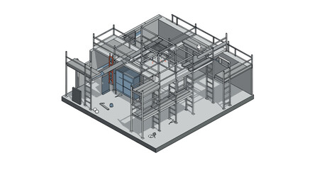 Isometric construction site with scaffolding and building equipment