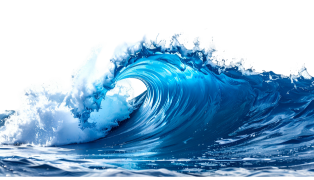 A powerful wave crests, showing turbulent water, foam, and a translucent, curling form