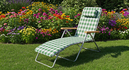 A comfortable folding chair near flower bed in a lush summer garden, a relaxing image for travel websites, and outdoor furniture advertisements.