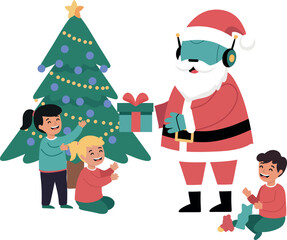 Robot Santa Giving Presents to Children