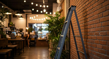 A decorative Metal ladder leaning on wall inside a cozy, well-lit cafe, a stylish image for articles on interior design and restaurant decor.