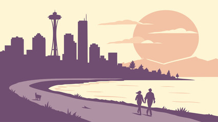 Obraz premium Minimalist Alki Beach Seattle skyline vector in sunset tone 