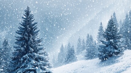 snow falling on pine trees forest