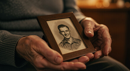 An elderly person's hands hold a photo of soldier in vintage frame, a touching image for articles about family history and remembrance.