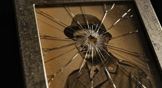 A broken photo of soldier in vintage frame with shattered glass symbolizes the tragedy of war, a powerful image for historical content.