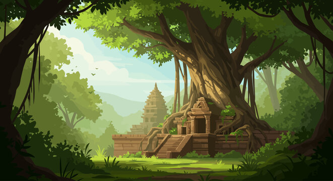 Mysterious ancient temple ruins in a dense tropical jungle overgrown by a giant banyan tree, depicting historical beauty.