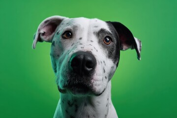 Funny dog isolated on a green screen. Dalmatian looking at camera on green background. Animal backdrop. Fashion Pet on chroma key. Playful friendly clever puppy. For Animation, Projects