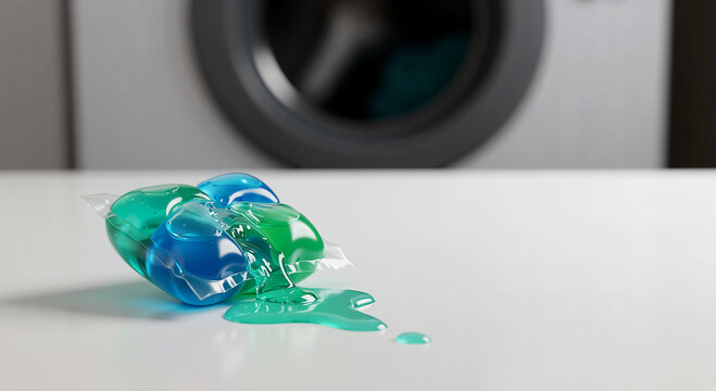 A leaky pod of spilled detergent on washing machine, an image for articles about product defects, laundry accidents, or household safety.