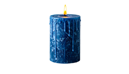 A blue, pillar-shaped candle with wax drips, set against a stark black background