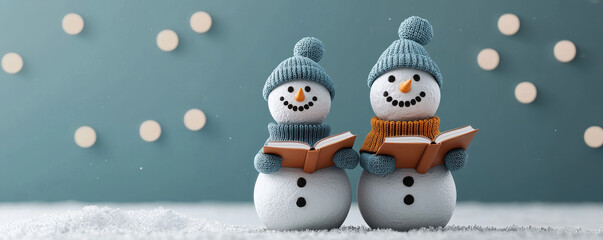 Christmas carolers by a snowman winter wonderland festive scene cozy atmosphere heartwarming concept