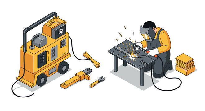 Isometric welder working with equipment in workshop setting