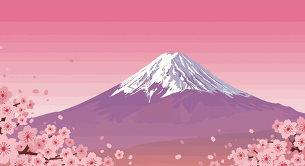 Fototapeta premium Beautiful illustration of Mount Fuji in Japan with blooming cherry blossoms in the foreground.