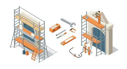 Isometric construction scene with scaffolding and tools
